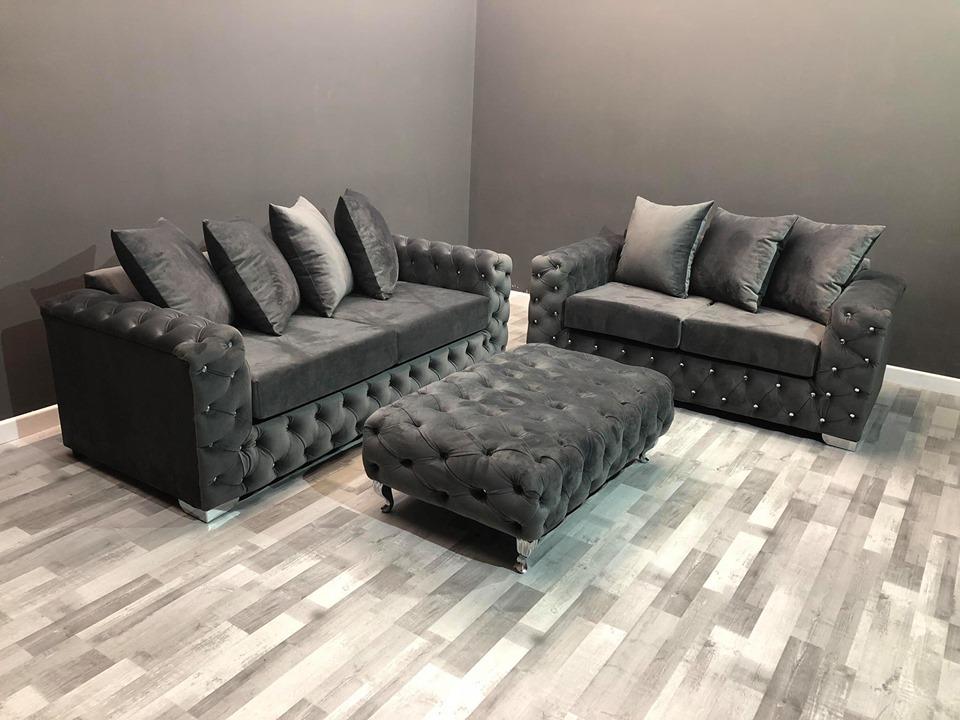 Ashton Chesterfield 3+2 Sofa Set In Steel Plush Velvet