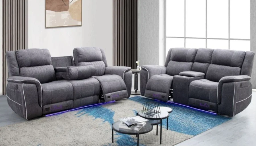Hannah 3+2 Seater Grey Recliner Sofa Set | Microfibre Fabric | Electric Recliners With Blue Led