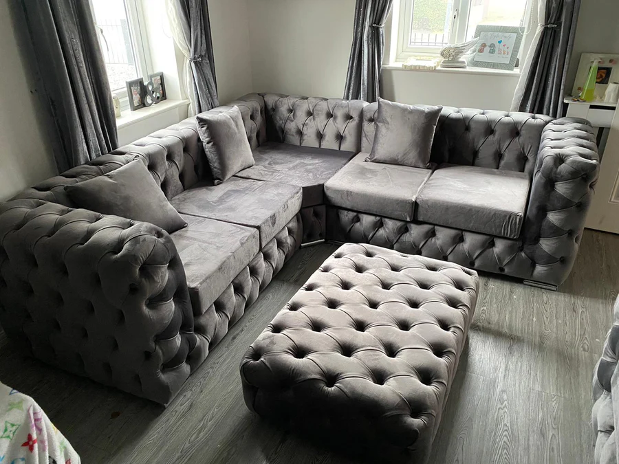 Ashton Full Chesterfield Sofa In Steel Plush Velvet